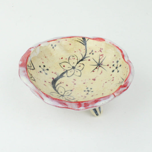 Small Oribe/Shino 3 Legged Bowl - red
